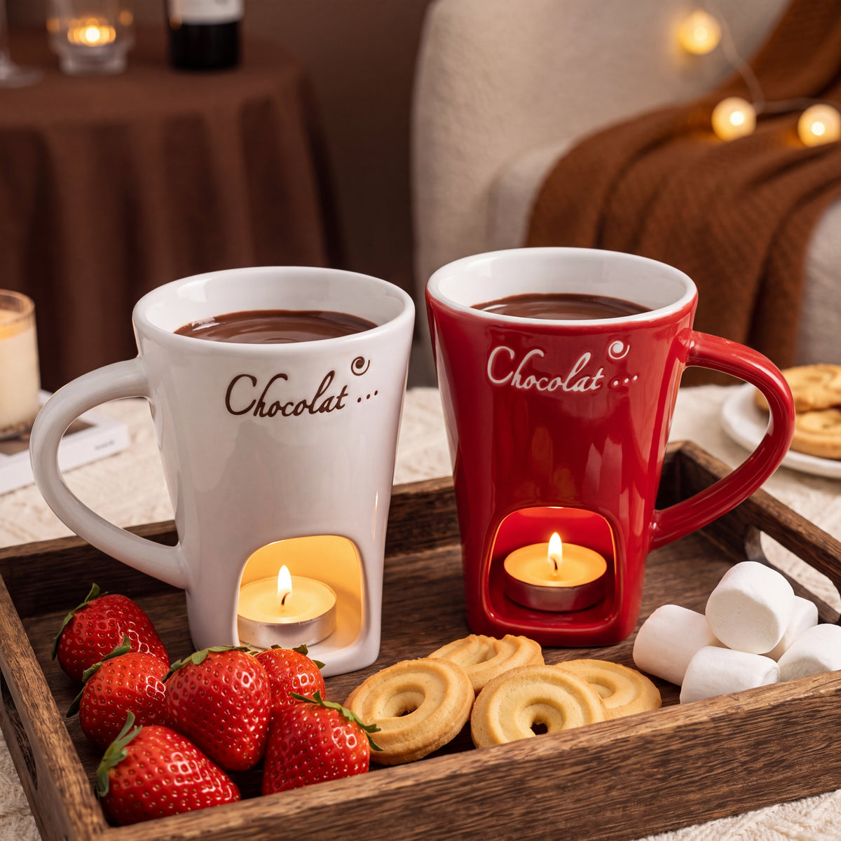 Dos tazas fondue, blanca y roja, con fresas, galletas y nubes