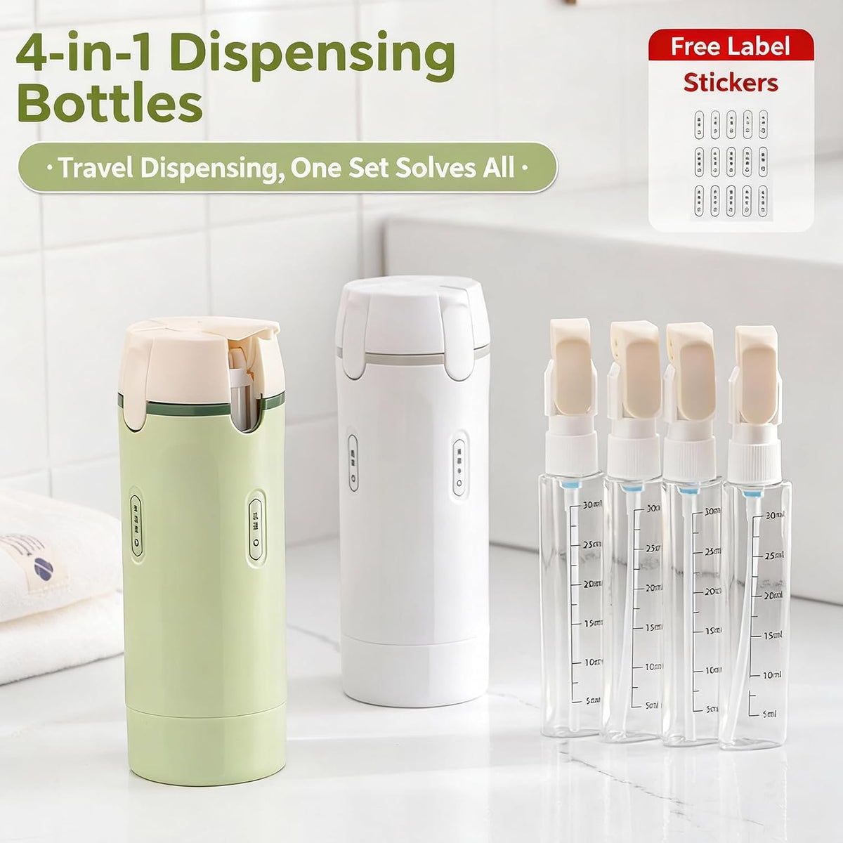 4 in 1 Travel Dispenser Bottle,Refillable Leak Proof Travel Size Toiletries Bottles for Toiletry,Shampoo,Body Wash (Light Green&White, 16.5Cmx5.5Cm)
