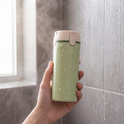 Lathrio travel dispenser held in a steamy shower, water droplets on its body